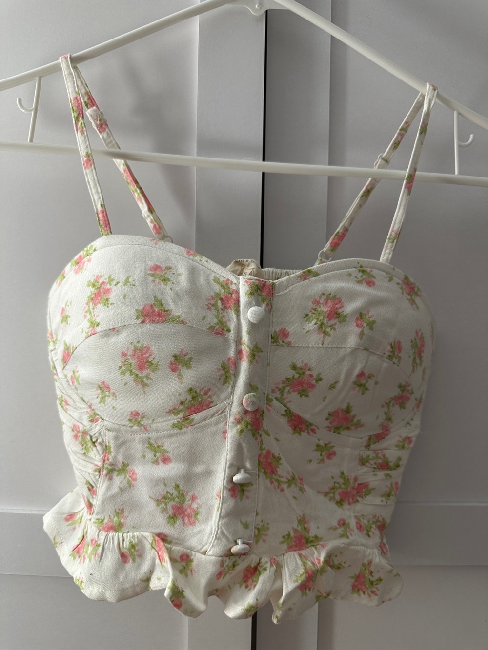 Floral Ruffle Bustier Crop Top in White and Pink